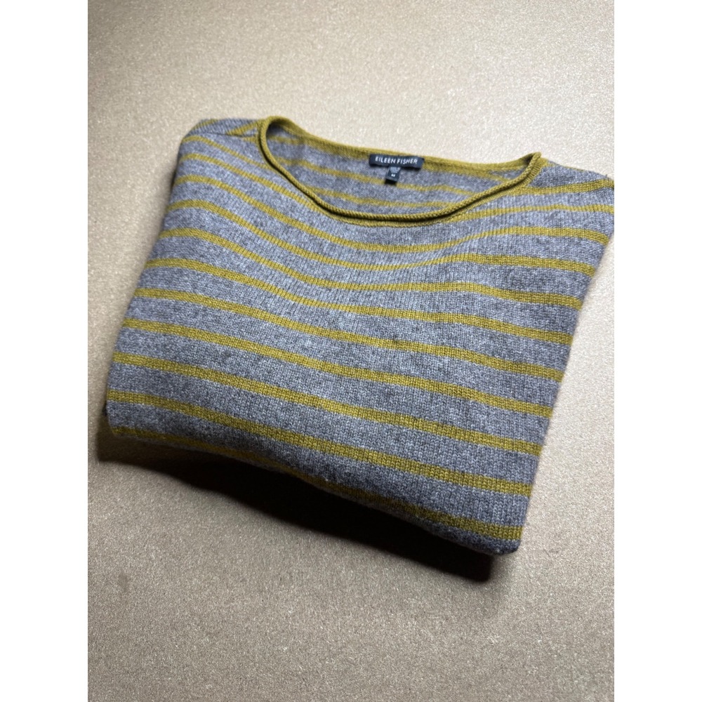 Eileen Fisher Yak Wool Striped Sweater Grey Green Boat Neck M